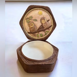 Vintage Ceramic Owl Hexagon Lidded Trinket Dish